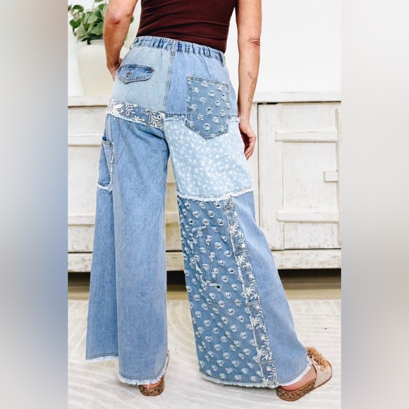 ✨NWT Pol Boho Patchwork Floral Multi-Patterned Wide Leg Lightweight Denim Pants - Picture 4 of 7